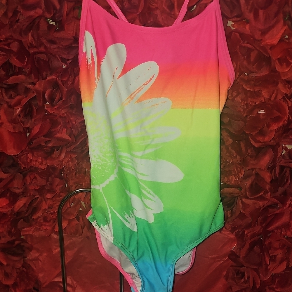 Xhilaration Vibrant Neon Floral Onw Piece Bathing Suit Size 7/8